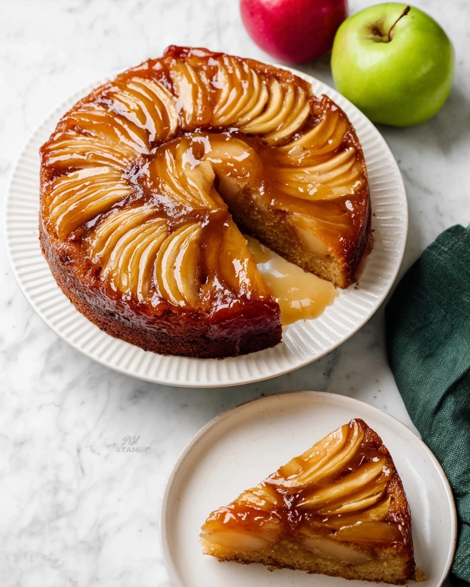 The image shows a round upside-down apple cake on a white ridged-edge plate, with one slice removed and placed on a smaller white plate on a white marbled surface. The cake has a shiny, golden-brown caramel glaze on top with thin slices of cooked apples arranged in a slightly overlapping circular pattern forming the top layer. Beneath the apple slices is a warm brown, soft-looking cake layer with a moist texture. The cake slice on the small plate shows the apple layer on top and the brown cake beneath clearly. Two whole apples, one red and one green, are positioned in the top right corner, and a green cloth napkin sits near the bottom right edge. photo taken with an iphone --ar 4:5 --v 7