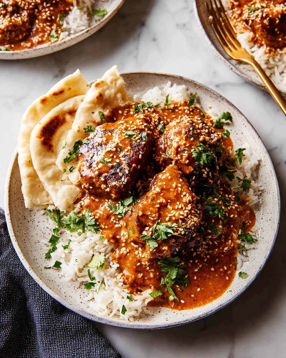 The dish shows three brown, grilled pieces of meat covered with a thick orange-brown sauce and sprinkled with sesame seeds, resting on a bed of white rice. Around the meat, there are chopped fresh green herbs scattered on top. On the left side of the plate, there are two pieces of soft white flatbread tucked under the rice and meat. The food is served on a round, white plate with a subtle speckled texture, placed on a white marbled surface. In the upper background, another white plate with some of the same sauce and a gold fork can be seen. Photo taken with an iphone --ar 4:5 --v 7