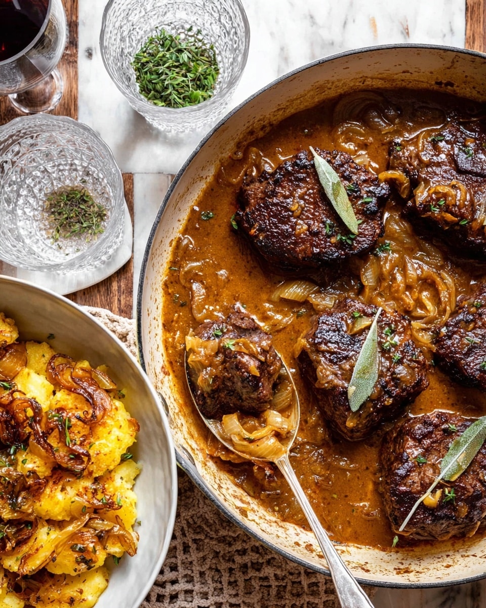 The image shows a large white pan filled with four thick, dark brown seared meat pieces sitting in a rich light brown sauce with visible cooked onions and small green herb leaves sprinkled on top. Next to the pan is a white bowl with crispy golden-brown smashed potatoes mixed with fried sage leaves, some pieces looking caramelized and crunchy. A silver spoon scoops some potatoes from the bowl. The background is a white marbled texture with a small white plate holding green herbs, and two clear textured glasses partially visible. The overall scene gives a warm and rustic look. photo taken with an iphone --ar 4:5 --v 7