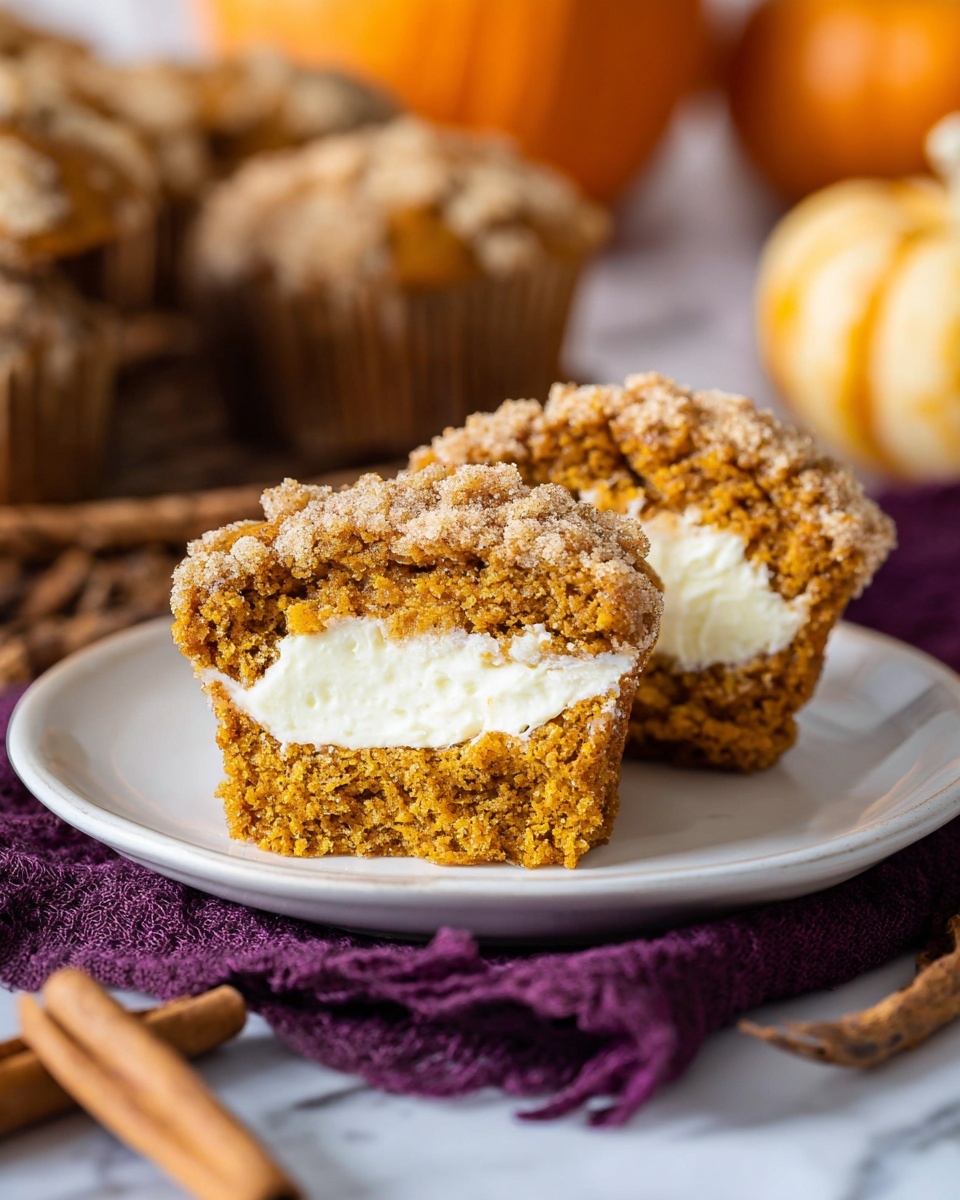 The image shows a close-up of a muffin with three visible layers. The bottom layer is a soft, moist, orange-brown cake with a crumbly texture. In the middle, there is a smooth, creamy white filling. The top layer is a crumbly, light brown streusel topping with a rough texture. The muffin is slightly open to show the creamy filling inside and rests in a white paper cup on a metal cooling rack, all set against a white marbled surface with blurred warm-colored pumpkins and a dark background behind. Photo taken with an iphone --ar 4:5 --v 7