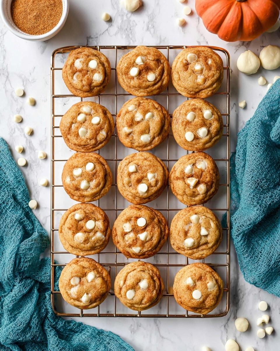 Fifteen small round cookies are arranged in a neat grid on a silver cooling rack. Each cookie is golden brown with a slightly uneven, soft texture and topped with scattered white chocolate chips. The cooling rack sits on a white marbled surface with a crumpled teal cloth underneath, partially visible. In the top left corner, there is a small white bowl filled with cinnamon sugar, while an orange pumpkin is seen near the top right corner. A few white chocolate chips are scattered around the cookies and cooling rack. Photo taken with an iphone --ar 4:5 --v 7