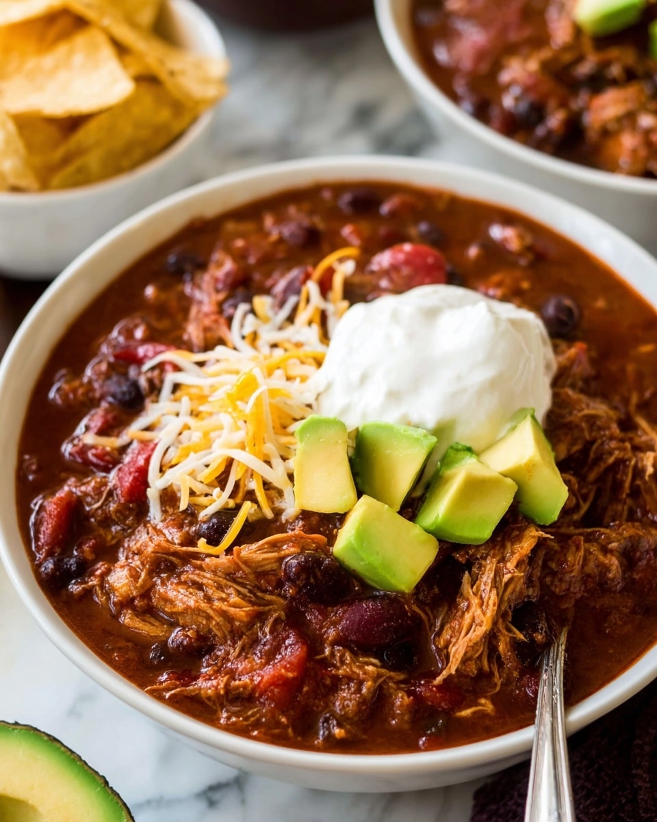 The image shows a white bowl filled with a thick, chunky stew featuring shredded brown meat mixed with dark red kidney beans, small diced red tomatoes, and translucent onions, all in a rich reddish-brown sauce. A metallic spoon rests in the bowl on the left side. Behind the bowl, there is a half avocado with a large brown seed and a black bowl containing yellow corn chips. The bowls and food are placed on a red cloth over a white marbled surface. photo taken with an iphone --ar 4:5 --v 7