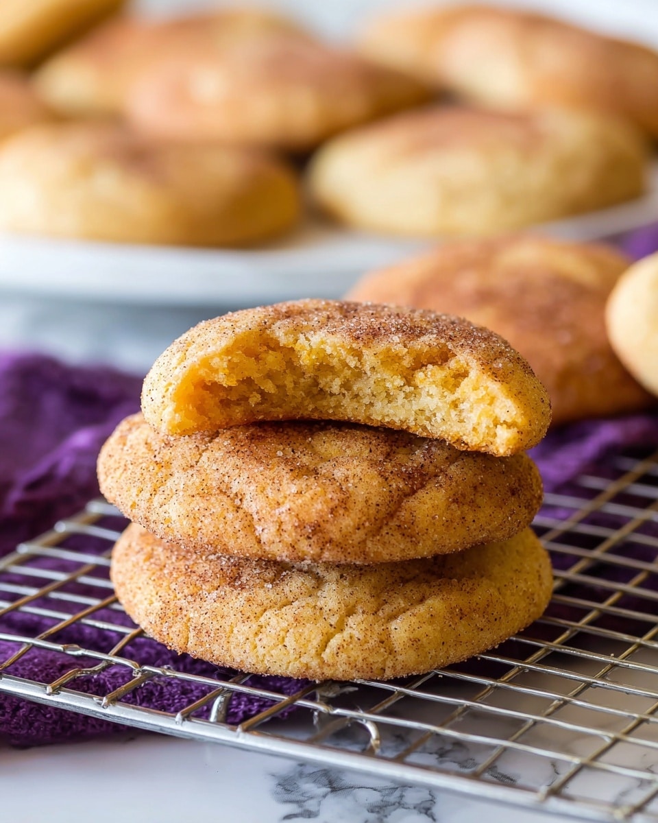 A close-up view of a white plate filled with several soft, round cookies. Each cookie has a light golden brown color with a slightly cracked surface and is covered in a dusting of cinnamon sugar, giving a speckled texture. The cookies are stacked closely together, showing gentle bumps and creases on their tops, which look soft and chewy. The plate rests on a textured woven cloth, and the background features a soft, blurred warm tone. Photo taken with an iphone --ar 4:5 --v 7