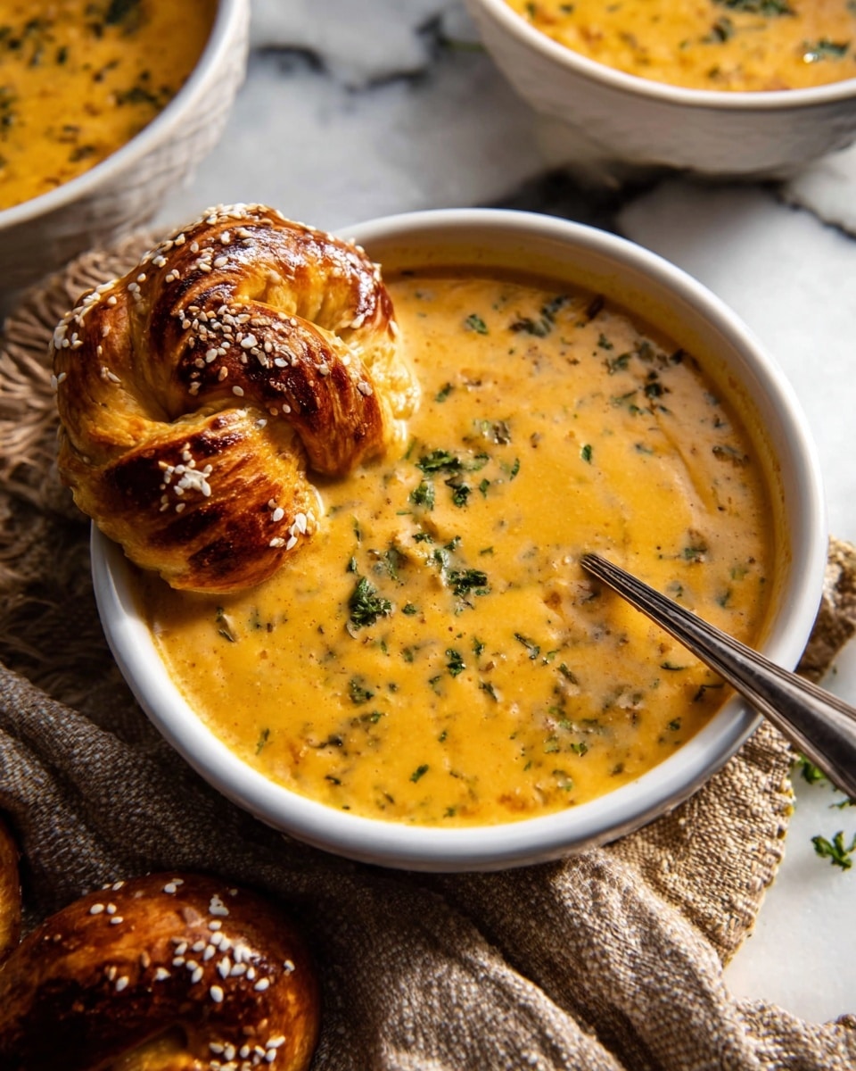 A white bowl filled with thick, creamy orange-yellow soup with visible specks of green herbs mixed throughout. On the left edge of the bowl, a golden-brown twisted bread piece with white sesame seeds is partially dipped in the soup. A silver spoon is placed inside the bowl on the right side, resting on the soup's surface. The bowl sits on a white marbled surface with some woven cloth nearby. In the background, there are additional pieces of the same bread and another bowl with the same soup. Photo taken with an iphone --ar 4:5 --v 7
