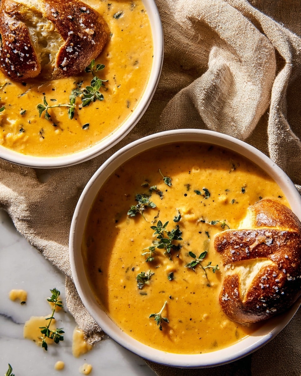 Two white bowls filled with thick, creamy orange soup with a smooth texture and small bits of herbs visible throughout. Each bowl has a piece of twisted pretzel bread partly dipped into the soup, showing a golden brown crust with coarse salt on top and soft inside. Fresh green herb sprigs are scattered on the soup surface as garnish. The bowls rest on a soft, crumpled beige cloth, placed on a white marbled surface. Some crumbs and small drops of soup are near the bowls, adding a casual, cozy feel. photo taken with an iphone --ar 4:5 --v 7