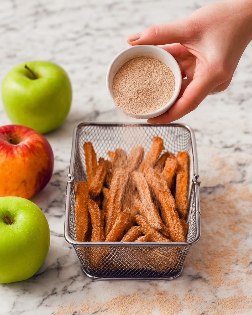 A wire basket with a single layer of evenly spaced, light brown coated sticks resembling sweet potato fries or similar, with a woman's hand holding a small white bowl full of fine light brown powder above the basket, ready to sprinkle. On the white marbled surface next to the basket are two apples, one green and one red. Photo taken with an iphone --ar 4:5 --v 7