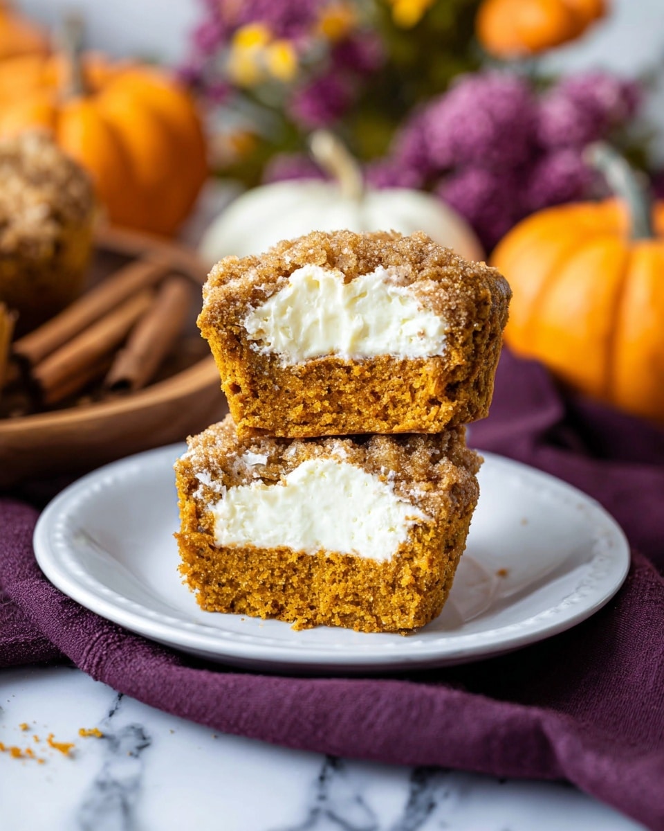 The image shows two pieces of a pumpkin muffin cut in half on a white plate. The muffin has three visible layers: a crumbly light brown top layer, a thick white creamy middle layer, and a dense orange-brown bottom layer. The muffin texture looks soft and moist with a crumbly surface on the top. The plate is placed on a dark purple cloth on a white marbled surface. Nearby, there are cinnamon sticks and blurred small pumpkins in the background, adding an autumn feel to the scene. photo taken with an iphone --ar 4:5 --v 7