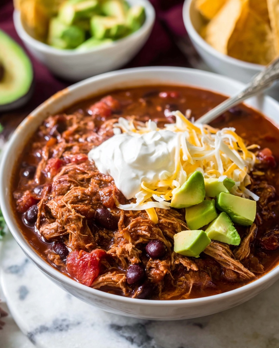 A white bowl filled with thick chili showing shredded meat mixed with dark red and black beans and visible pieces of tomato throughout; on top, there is a scoop of creamy white sour cream and scattered chunks of light green avocado, next to a small pile of shredded yellow and white cheese; the bowl sits on a white marbled surface with a silver spoon resting inside and blurred bowls of tortilla chips and avocado in the background; photo taken with an iphone --ar 4:5 --v 7