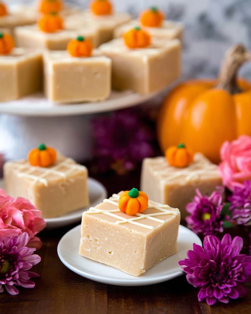 The image shows square pieces of light beige fudge with a smooth texture, each decorated with a small bright orange pumpkin-shaped topping with a green stem placed in the center. The top surface of the fudge has a white grid pattern made of thin lines running horizontally and vertically. The fudge pieces are arranged on white plates and a dark brown wooden surface. Around the fudge, there are purple and pink flowers and a small orange pumpkin in the background, all set against a white marbled texture. photo taken with an iphone --ar 4:5 --v 7