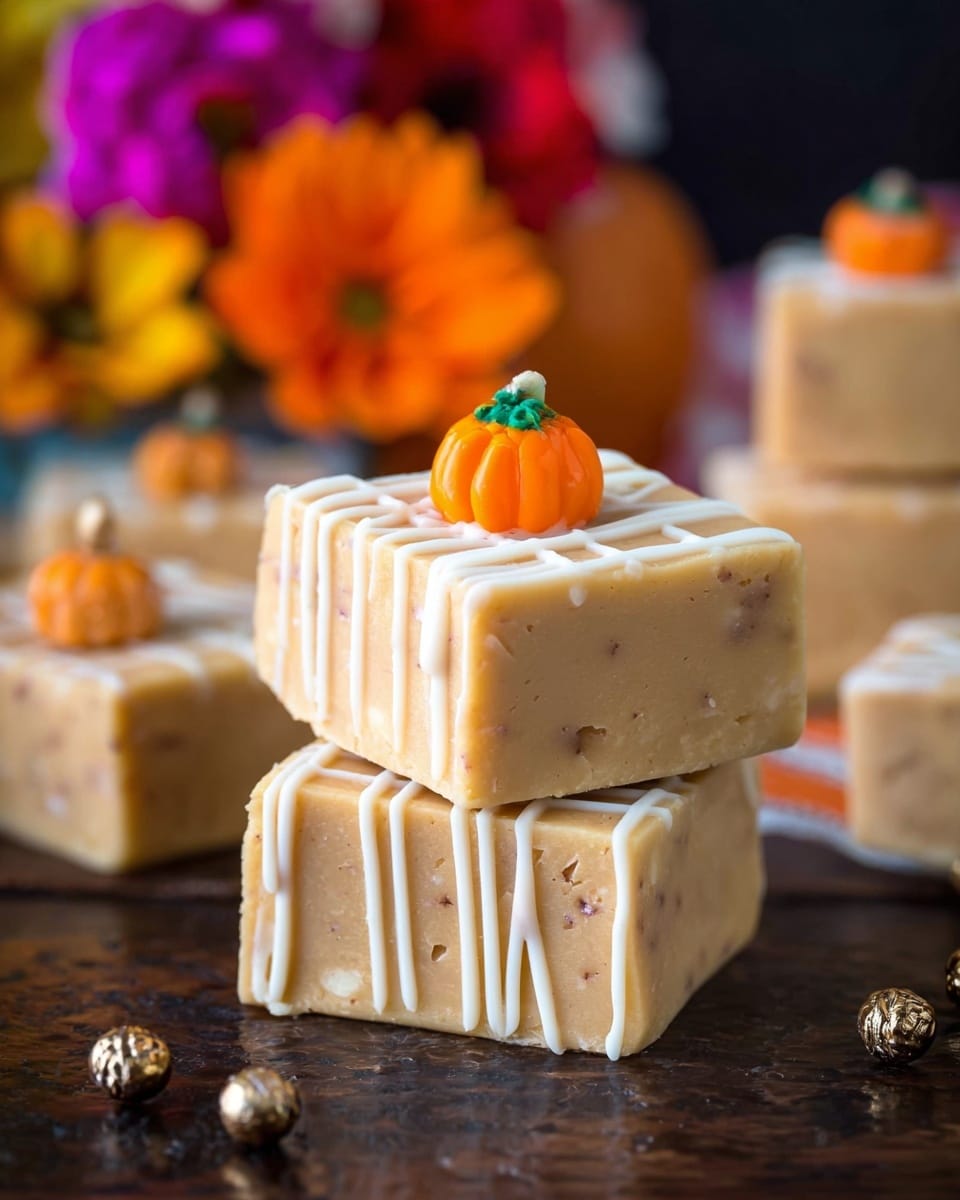 The image shows three pieces of light tan fudge with a smooth, slightly grainy texture, each decorated with thin white icing lines in a diagonal and grid pattern. Two pieces are stacked on a white marbled surface, with the top piece having a small orange pumpkin decoration made of icing. A third piece lies flat nearby, also with white icing lines. In the background, there is a block of unsalted butter with a colorful blue, yellow, and green label, along with orange pumpkins and bright pink flowers, all set against a white marbled texture. photo taken with an iphone --ar 4:5 --v 7