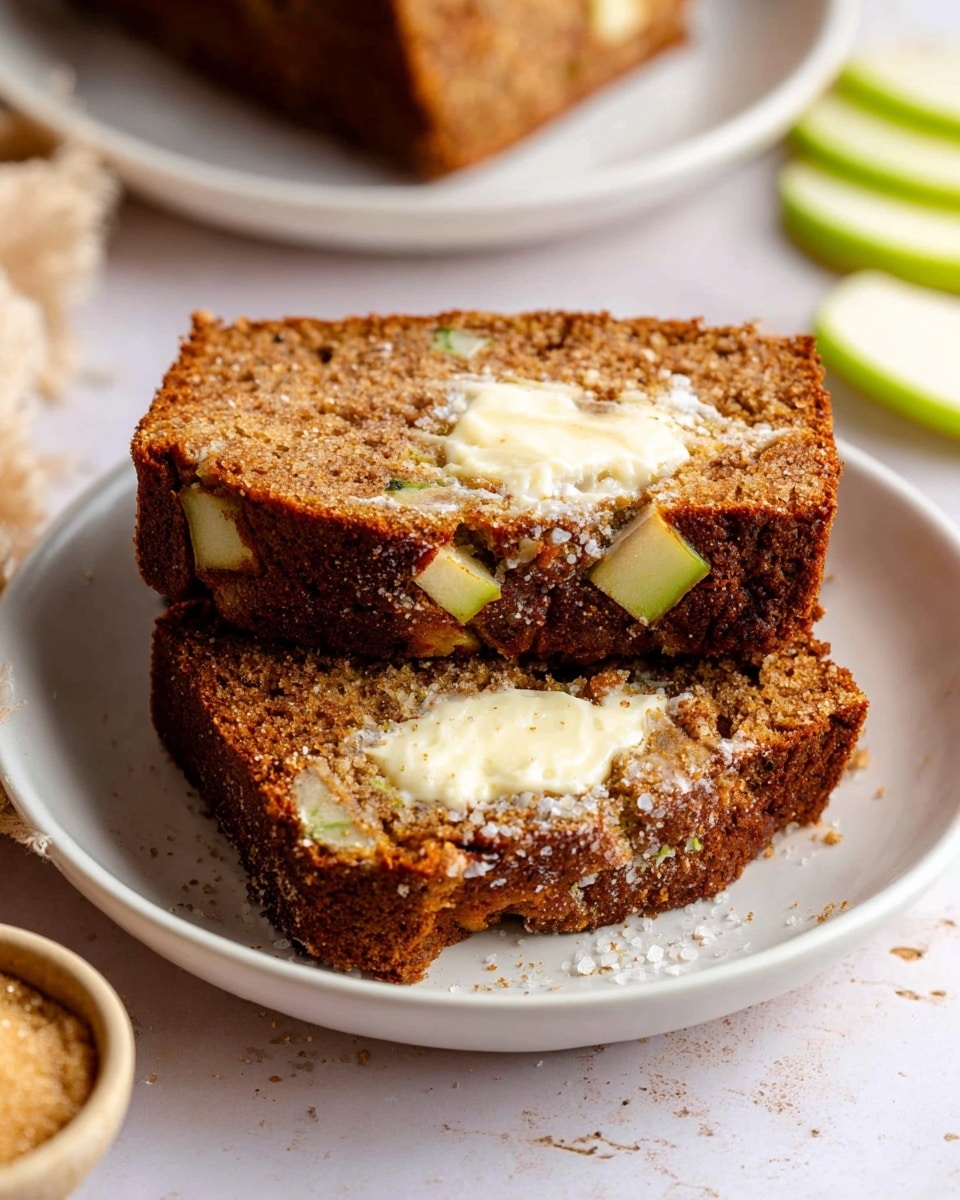 Two thick slices of moist brown cake with light yellow chunks are stacked on a white plate. The bottom slice has soft, melting pale cream spread across its center, with sugar crystals sprinkled around the edges. The cake texture looks soft and crumbly, and the color is warm brown with flecks of green and white. The background surface is a white marbled texture with a small bowl of brown sugar nearby and slices of green apple at the edge. Photo taken with an iphone --ar 4:5 --v 7