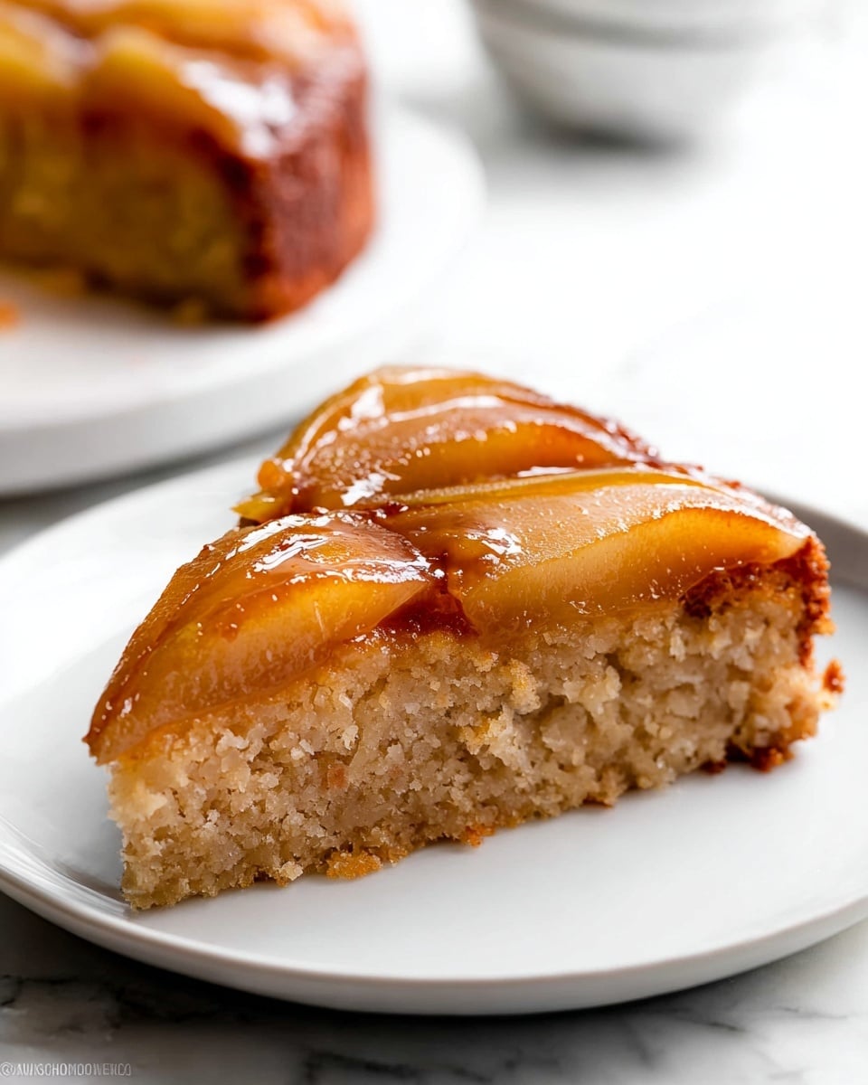 A slice of upside-down cake sits on a white plate with a white marbled surface below. The cake has two main layers: a thick, light brown, moist-looking base with a slightly crumbly texture, and a top layer of neatly arranged caramelized pear slices that are shiny and golden brown with a sticky glaze. The pear slices lie flat and cover the entire top, slightly overlapping, with the glaze adding a glossy, rich finish. Another slice on a plate is blurred in the background. Photo taken with an iphone --ar 4:5 --v 7