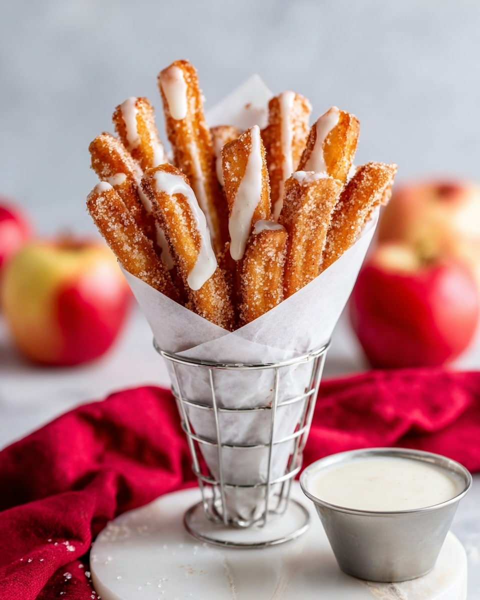 A woman's hand holds a fried, golden-brown strip coated with a light layer of white icing that drips slightly at the edges. In the background, a metal basket lined with white paper is filled with more of these golden strips. A small metal cup filled with white icing sits next to the basket on a white marbled surface. Blurred red and yellow apples add a splash of color in the background. photo taken with an iphone --ar 4:5 --v 7
