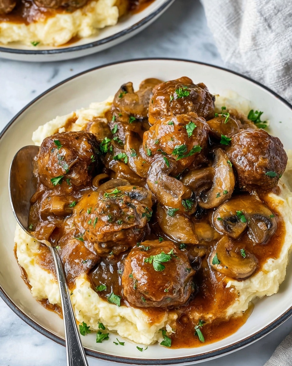 The image shows a close-up of a fork holding a meatball topped with a slice of mushroom, all covered in thick brown sauce with small green herb pieces. Below, there is a layer of mashed potatoes with a creamy texture that serves as a base for many similar meatballs in sauce. The plate holding this dish is white and the background is a white marbled texture. photo taken with an iphone --ar 4:5 --v 7