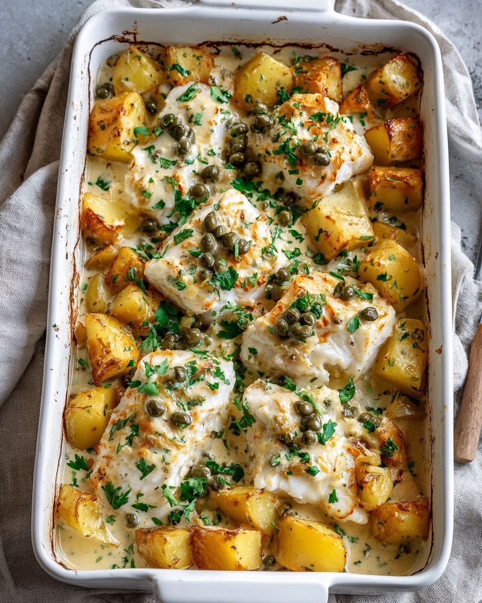 A white rectangular baking dish filled with a creamy sauce layer that is light beige with specks of herbs throughout, covering pieces of white fish fillets that shimmer slightly and are placed near the center and edges of the dish. Scattered on top and mixed in the sauce are small green capers and diced light golden potato chunks, adding texture and color contrast against the creamy base. The dish sits on a white marbled surface, giving a clean and fresh background. photo taken with an iphone --ar 4:5 --v 7