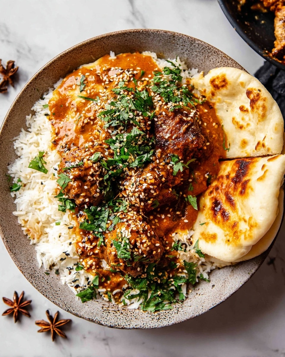 A round speckled bowl holds three pieces of grilled meat covered in a thick orange-brown sauce sprinkled with sesame seeds. Underneath the meat is a base layer of white grainy rice. On one side of the bowl, there are two warm pieces of soft naan bread, slightly browned in spots. Fresh green chopped herbs are scattered over the meat and rice, adding a pop of color. The bowl sits on a white marbled surface with some whole star anise near the bowl's edge. Photo taken with an iphone --ar 4:5 --v 7
