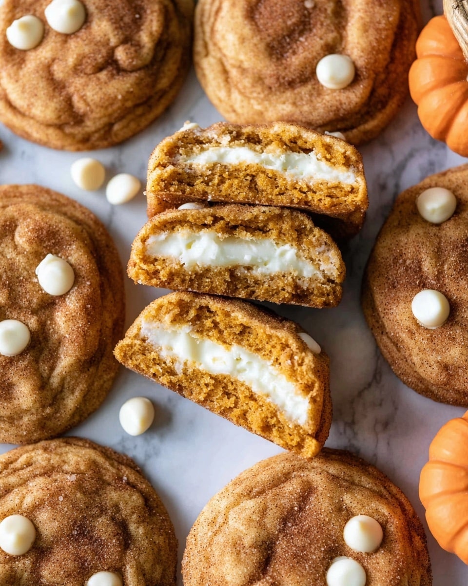 The image shows multiple round cookies with a brown, slightly rough texture covered in a cinnamon sugar layer. Each cookie has small white chocolate chips on top. One cookie is split in half in the center, revealing inside layers: a soft light orange dough layer on the outside, and a thick creamy white filling in the middle. The cookies are placed on a white marbled surface with a few small pumpkins on the side. Photo taken with an iphone --ar 4:5 --v 7