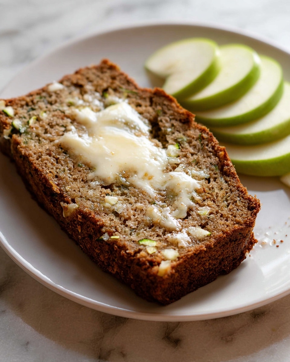 A single slice of brownish-green zucchini bread with visible small chunks of zucchini and bits of nuts is placed on a white plate. The bread has a soft, slightly crumbly texture with a browned crust. A lightly melted layer of butter, creamy white with a glossy finish, is spread unevenly on top of the bread. To the right side of the plate, there are four thin, green slices of apple arranged in a slightly overlapping vertical row. The scene is set against a white marbled surface beneath the plate. Photo taken with an iphone --ar 4:5 --v 7