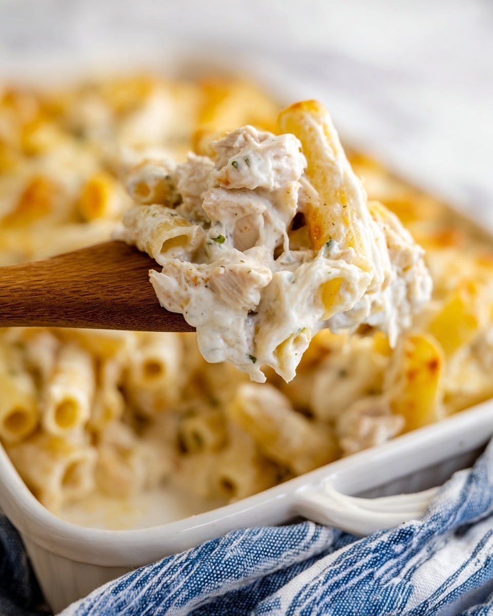 A white dish filled with a creamy pasta bake is shown with a wooden spatula lifting a scoop from it. The pasta is rigatoni with a smooth, thick white sauce coating it evenly, mixed with small light beige pieces of chicken. The sauce has a slightly glossy texture with hints of melted cheese blending into it. The dish in the background shows more of the same layered pasta, sauce, and chicken mixture, resting on a white marbled surface with a blue and white striped cloth out of focus. Photo taken with an iphone --ar 4:5 --v 7