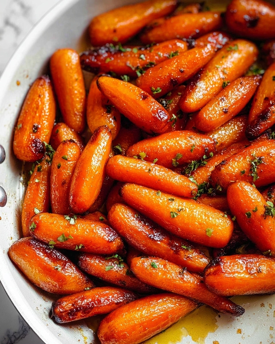The image shows many small roasted carrots with a shiny orange glaze and some charred black spots. They are sprinkled with small green herb pieces, scattered evenly across the carrots. The carrots have a smooth texture with some visible caramelized edges, giving a rich and warm appearance. The background is a white marbled surface. photo taken with an iphone --ar 4:5 --v 7