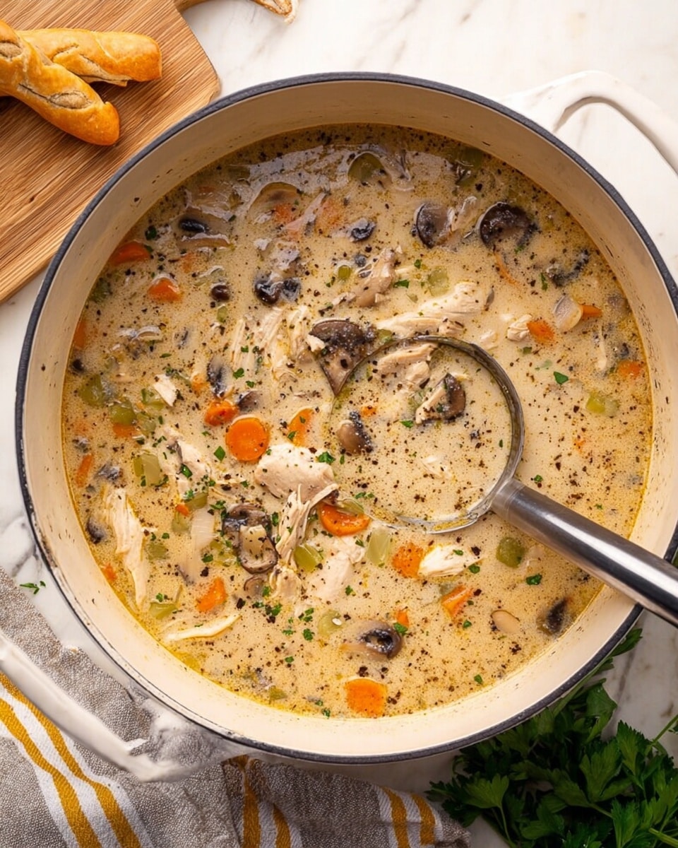 A large white pot filled with a creamy soup that has small chunks of light brown chicken, orange carrot pieces, green celery bits, and dark brown sliced mushrooms evenly mixed in the light beige broth, with some black pepper sprinkled on top. A silver ladle with a black handle rests inside the pot on the right side. The pot is placed on a white marbled surface with a folded striped cloth (gray, white, and yellow) on the left side and some green parsley on the right side. Next to the pot on the left is a small wooden board with two light brown, flaky, twisted breadsticks. Photo taken with an iphone --ar 4:5 --v 7