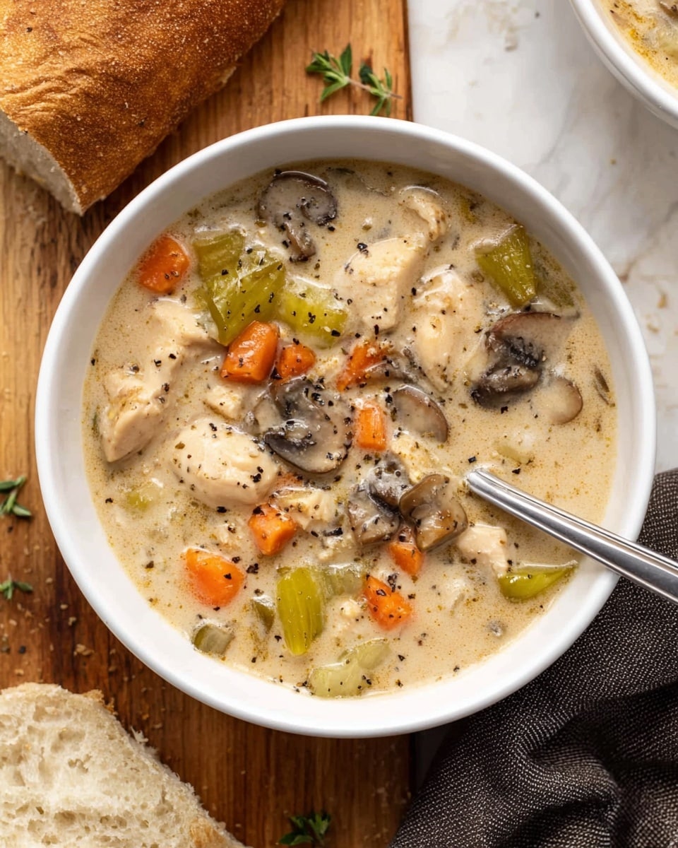 A white bowl filled with thick creamy soup sitting on a wooden surface. Inside the soup are visible layers of diced orange carrots, sliced light green celery, chunks of white chicken pieces, and sliced brown mushrooms. The soup base is light beige with black pepper sprinkled on top. A silver spoon rests inside the bowl, partially submerged. Around the bowl, there is a torn piece of light brown bread and a dark towel. The background is a white marbled texture. Photo taken with an iphone --ar 4:5 --v 7