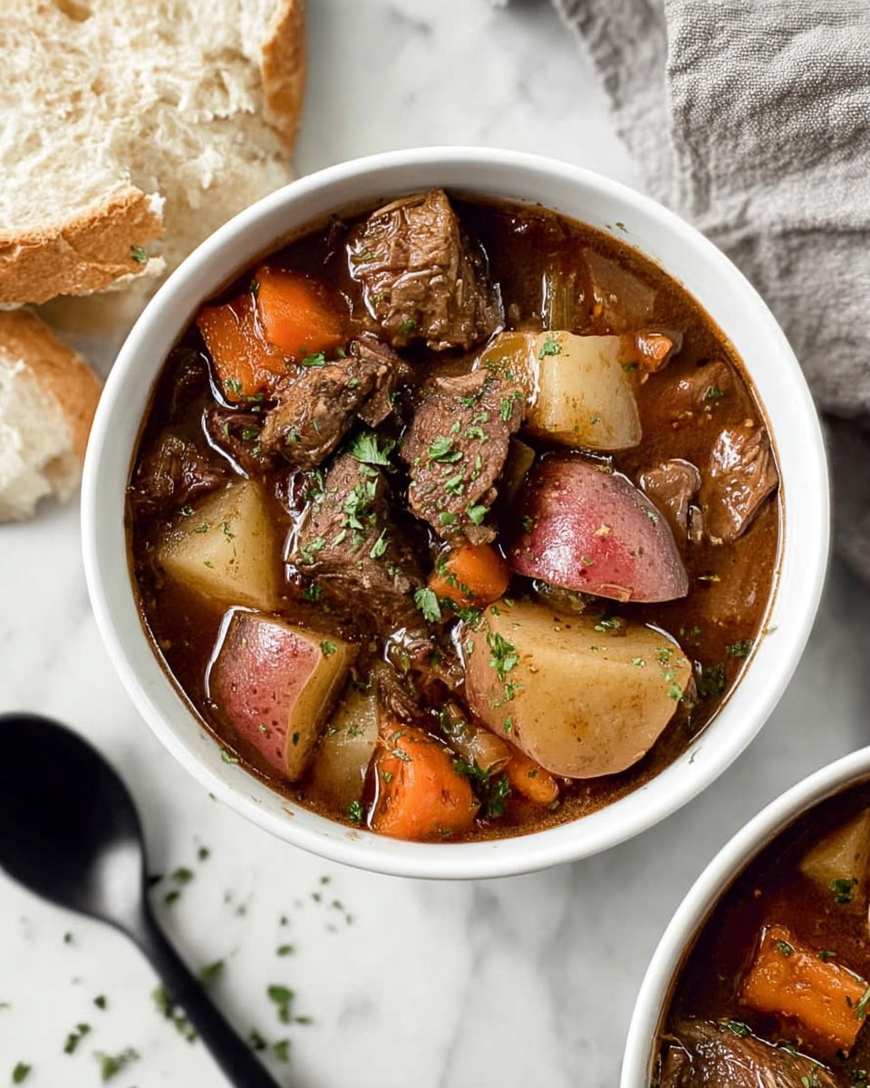 A white bowl filled with rich beef stew sitting on a white marbled surface, containing layers of dark brown chunks of beef, orange carrot slices, and light yellow potato pieces in a thick brown broth, garnished with small green parsley bits. A black spoon holds a scoop of beef, carrot, and potato slightly above the bowl. Next to the bowl, torn pieces of bread rest on the white marbled surface, and a small white bowl with a light creamy dip is partly visible on the right. A soft gray cloth is also nearby. Photo taken with an iphone --ar 4:5 --v 7