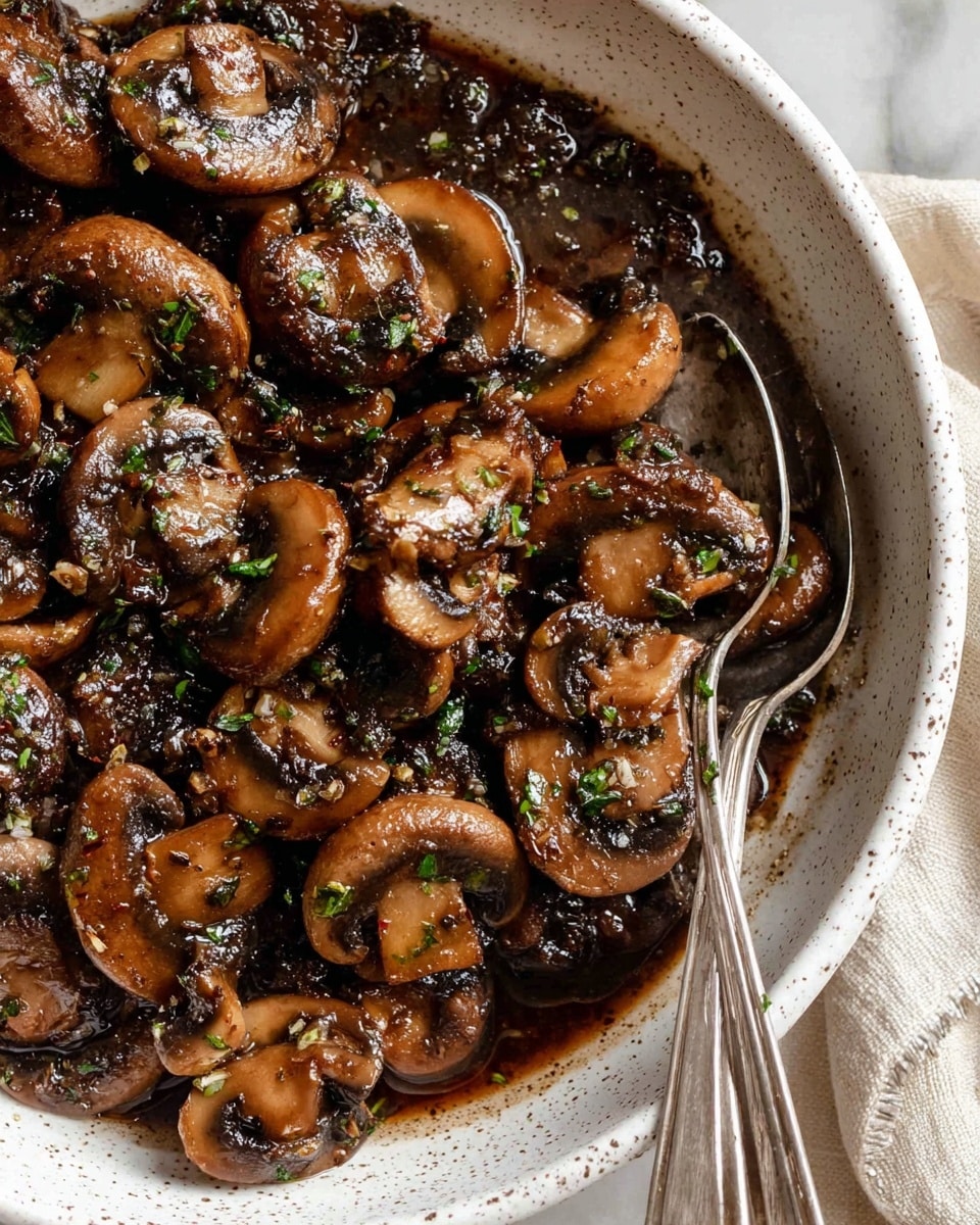 A close-up view shows a white speckled bowl filled with dark brown sautéed mushrooms, glistening with a rich sauce. The mushrooms are sliced and mixed with bits of herbs and small pieces of garlic, giving a textured, shiny look. Two silver spoons rest inside the bowl, one filled with mushrooms, while a cream-colored cloth is partially visible on the white marbled surface beside the bowl. The overall scene is warm and inviting, highlighting the mushrooms' glossy, caramelized finish photo taken with an iphone --ar 4:5 --v 7