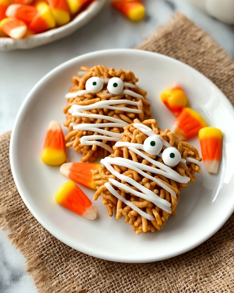 On a white plate, there are two small mummy-shaped treats made from a brown noodle-like base, loosely piled to form the body. Each has two small white candy eyes with green dots near the top. Thick, white icing is drizzled horizontally across the body in five layers, resembling mummy wraps. Around the plate, there are pieces of candy corn in bright orange, yellow, and white colors. The plate is on a white marbled surface with a coarse brown cloth partially visible underneath. photo taken with an iphone --ar 4:5 --v 7