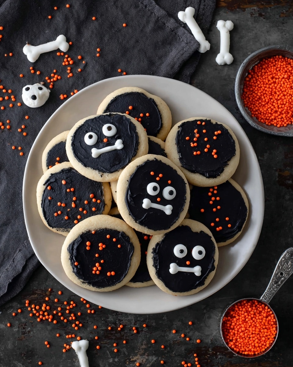 A white round plate holds a pile of round cookies, each with a smooth black frosting layer covering the top. Some cookies have white candy eyes placed near the edge, while others have a small white skull and crossbones made of candy bones on top. A few cookies are sprinkled with tiny bright orange candy balls scattered unevenly on the black frosting. The plate rests on a dark surface with scattered orange sprinkles, some white candy bones, and a small metal measuring cup filled with orange sprinkles next to it. Photo taken with an iphone --ar 4:5 --v 7