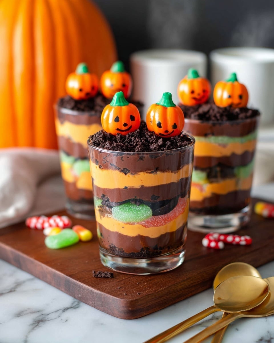 The image shows three clear glasses filled with layered dessert. Each glass has five visible layers: the bottom layer is dark brown chocolate pudding, followed by a layer of green, orange, and yellow gummy worms, then a bright orange creamy layer, a thick dark brown chocolate pudding layer, and a crushed dark cookie layer at the top. On top of each dessert are three small orange pumpkin-shaped candies with green stems and some small red and white candy pieces scattered around. The glasses sit on a dark wooden board on a white marbled surface, with a blurred white background that includes a large orange pumpkin and white mugs with steam rising. Two golden spoons lie on the surface in the front right corner. photo taken with an iphone --ar 4:5 --v 7