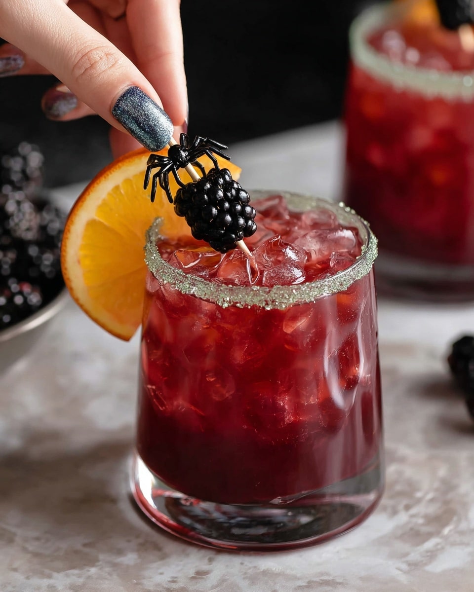 A clear glass filled with many small ice cubes holds a deep red liquid, topped with a half slice of bright orange placed inside the glass near the rim. The rim of the glass is coated with a light green sugar or salt, adding texture. A woman's hand with sparkly blue nail polish is holding a toothpick with a black decorative spider on top, about to place a large shiny blackberry on the rim of the glass. Another similar glass with red liquid and ice sits blurry in the background on a white marbled textured surface. photo taken with an iphone --ar 4:5 --v 7