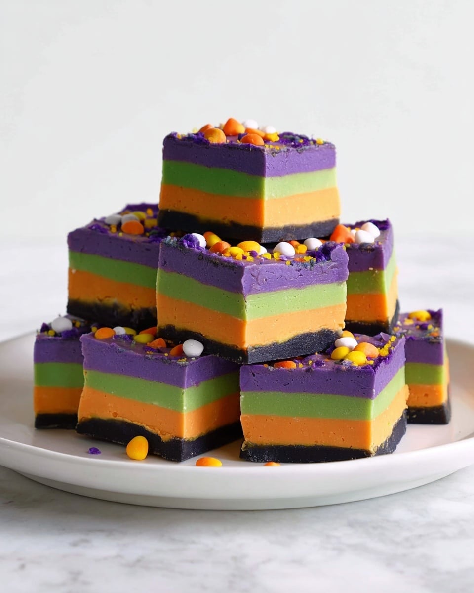 A white plate holds a stack of square fudge pieces arranged in a pyramid. Each piece has four distinct horizontal layers: the top layer is purple with small candy bits on the surface, the second layer is green, the third layer is orange, and the bottom layer is black. The fudge has a smooth texture, and the candy bits on top add small pops of white, orange, yellow, purple, and black colors. The plate sits on a white marbled surface with a plain light background. photo taken with an iphone --ar 4:5 --v 7