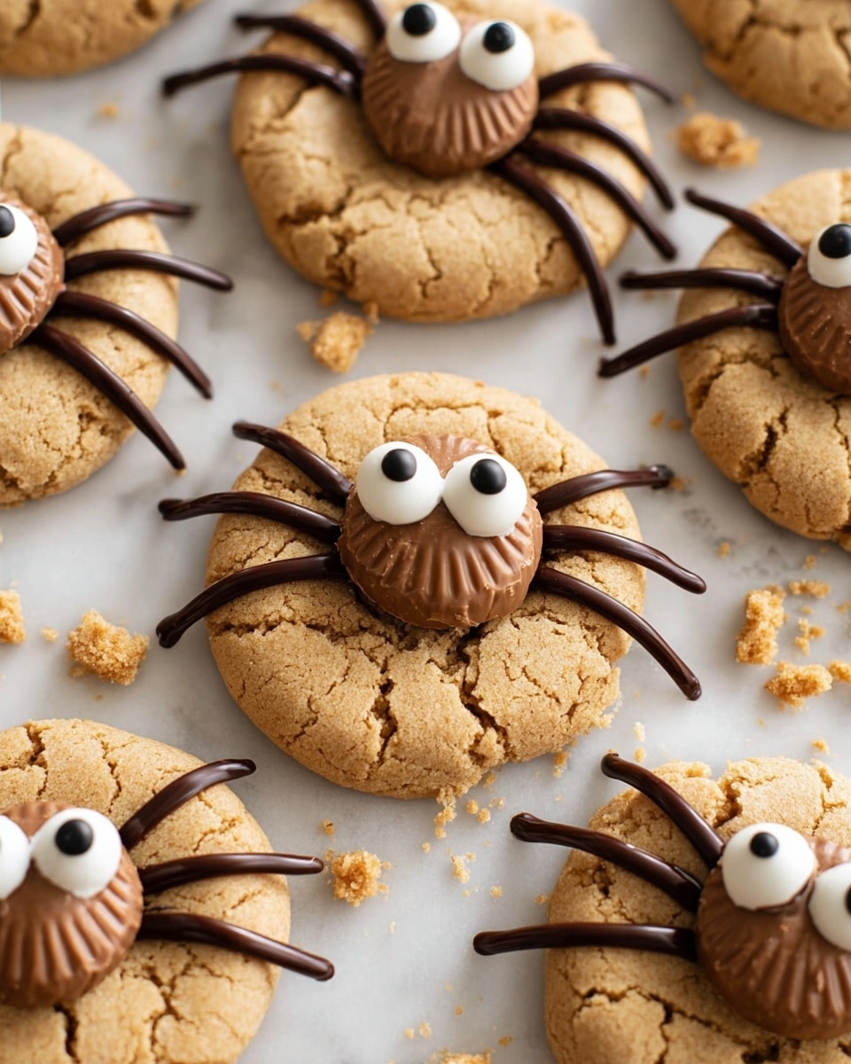 The image shows round cookies with a light brown color and cracked surfaces, placed on a white marbled background. Each cookie has a peanut butter cup in the center as the spider body, topped with two large white candy eyes with black pupils. Thin lines of dark chocolate are drawn from the peanut butter cup to the edges of the cookie, forming spider legs. The cookies are spread out closely together, some showing crumbs around them, giving a playful Halloween feel. Photo taken with an iphone --ar 4:5 --v 7