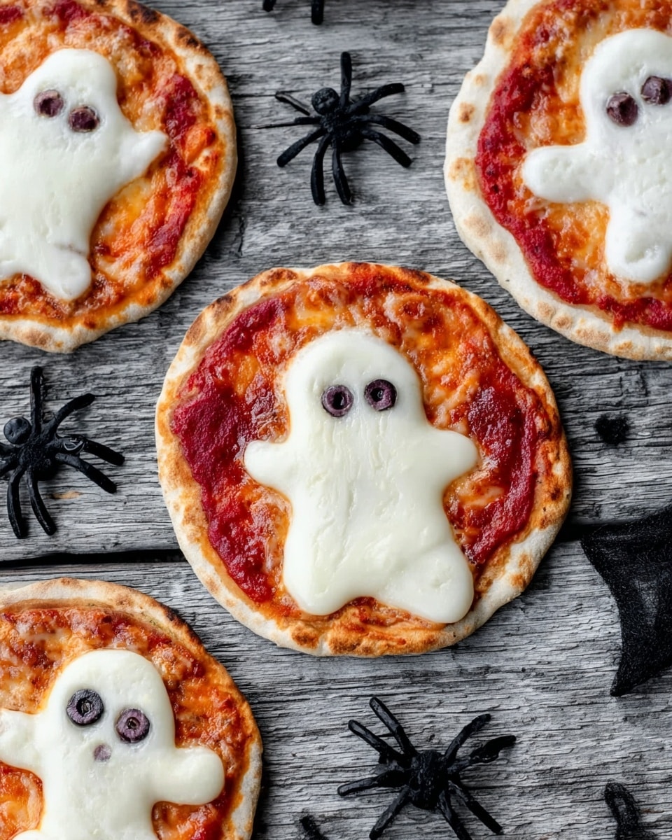 Four small round pizzas are placed on a white marbled textured surface. The top left pizza has a red sauce base with three white ghost shapes made of melted cheese, each with small black olive pieces for eyes and mouths. The top right pizza is covered mostly with melted white cheese shaped like a ghost face, with two black olive slices as eyes on a red sauce base. The bottom left pizza has melted cheese with a smiley face made from green bell pepper strips for eyebrows and mouth, and small black olive slices for eyes, also on a red sauce base. The bottom right pizza has melted cheese topped with three pepperoni slices forming a face with black olive pieces for eyes and green bell pepper strips as arms, all on a red sauce base. Decorative small white pumpkins and tiny black plastic spider decorations are placed nearby. Photo taken with an iphone --ar 4:5 --v 7