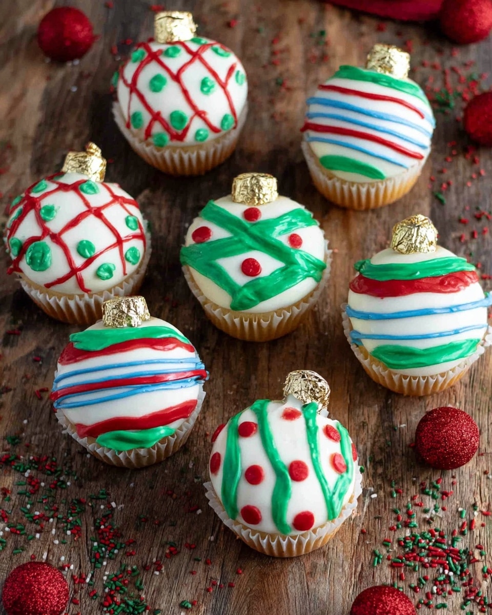 The image shows seven cupcakes decorated to look like Christmas ornaments. Each cupcake has a white frosting base with colorful icing designs in red, green, and blue. The cupcakes have shiny golden foil at the top to resemble the ornament hooks. The icing patterns include red dots on green lines, red and green diagonal stripes, blue stripes with red dots, and red and green wavy lines. The cupcakes are placed on a wooden surface with scattered red and green sprinkles around them. Photo taken with an iphone --ar 4:5 --v 7