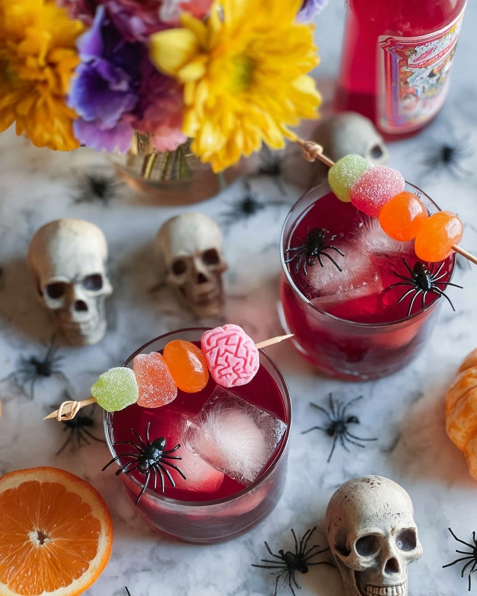 A clear glass filled with a red drink holds three large ice cubes, each with a black spider embedded inside. A small wooden skewer rests on top of the glass, holding two orange pumpkin-shaped candies with green stems and a light yellow sugar-coated candy in the middle. The glass is placed on a white marbled surface with two light brown skulls and some black spider decorations nearby. Photo taken with an iphone --ar 4:5 --v 7