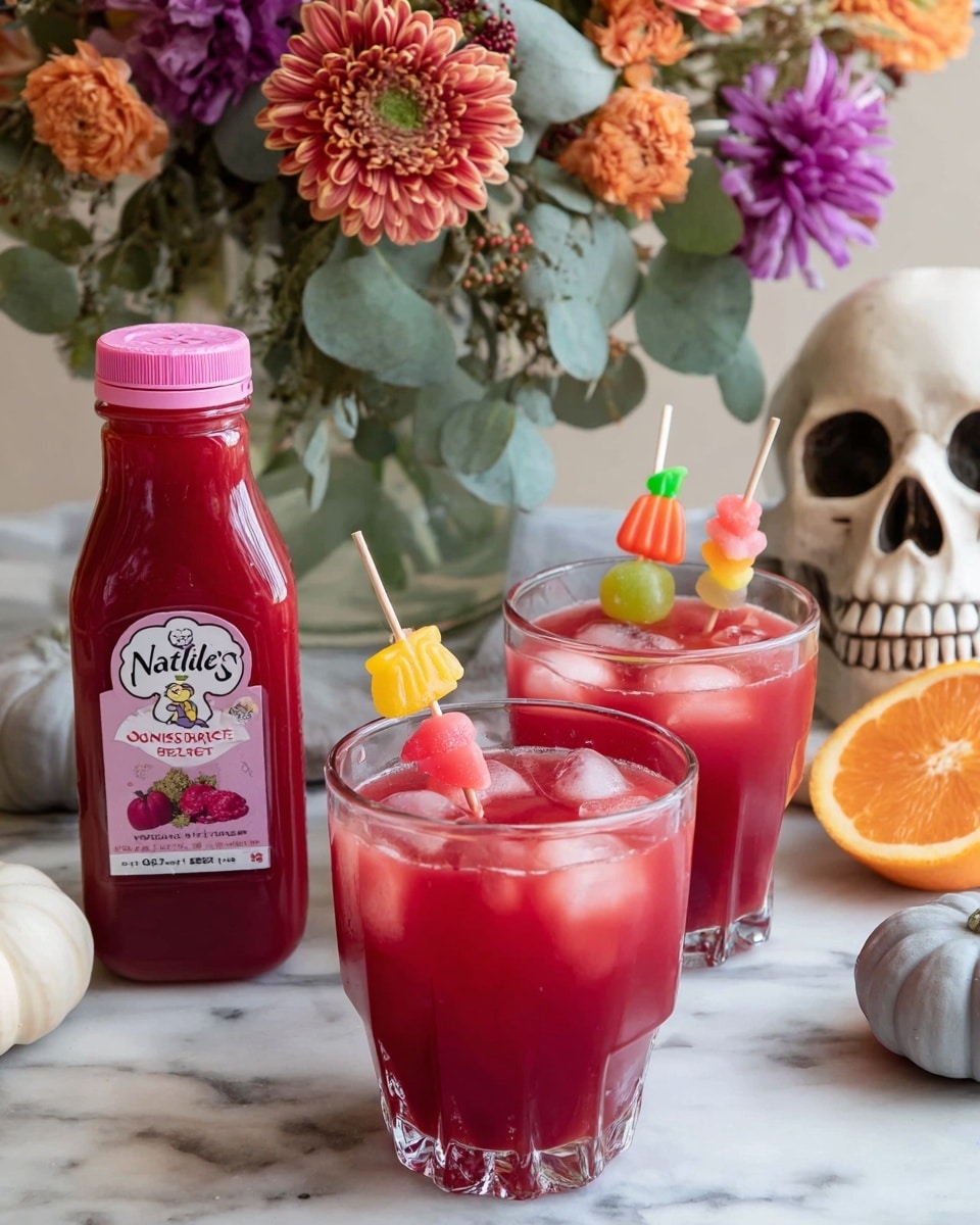 Two clear glasses filled with bright red drink and large ice cubes are placed on a white marbled surface. Each glass has a small skewer resting on top, holding colorful candy shaped like pumpkins, leaves, and other fall shapes. Behind the glasses is a red juice bottle with a pink cap and a label that says