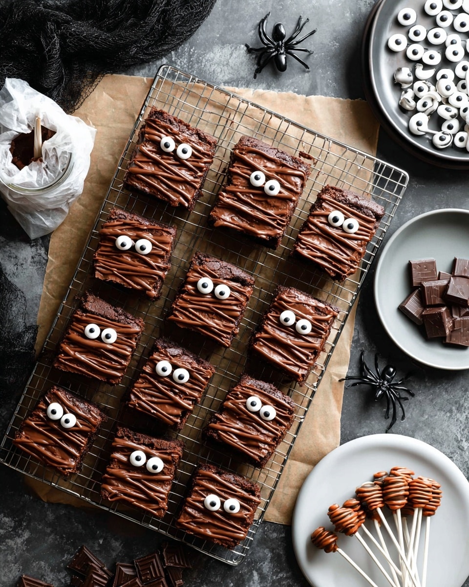 There are eleven rectangular brownies on a metal cooling rack, each topped with thick, dark brown chocolate frosting spread unevenly to look like mummy wraps, with two white candy eyes on each piece placed near the top edge. The brownies rest on a light brown paper sheet over a dark white marbled textured surface. Near the brownies, there is a white bowl filled with many white candy eyes, a white pastry bag with chocolate frosting inside, a white plate with twisted chocolate lollipops shaped like pumpkins, and another white plate holding chunks of dark chocolate. Small black plastic spiders are scattered around the scene, adding a Halloween vibe. Photo taken with an iphone --ar 4:5 --v 7
