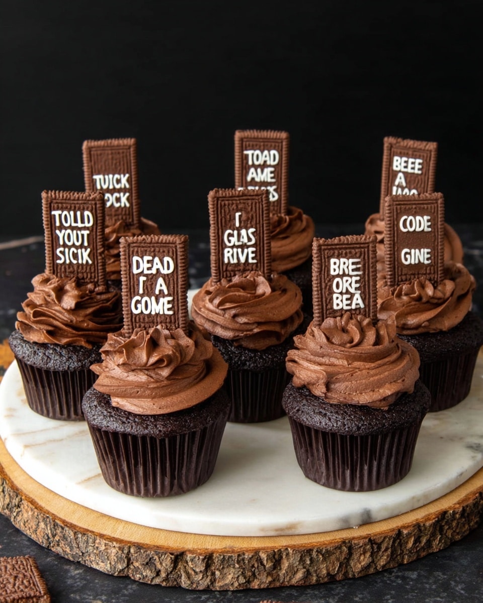 A chocolate cupcake with dark brown chocolate frosting swirled thickly on top sits in a black cupcake liner, with a rectangular piece of milk chocolate stuck upright in the middle. The chocolate piece has white writing saying