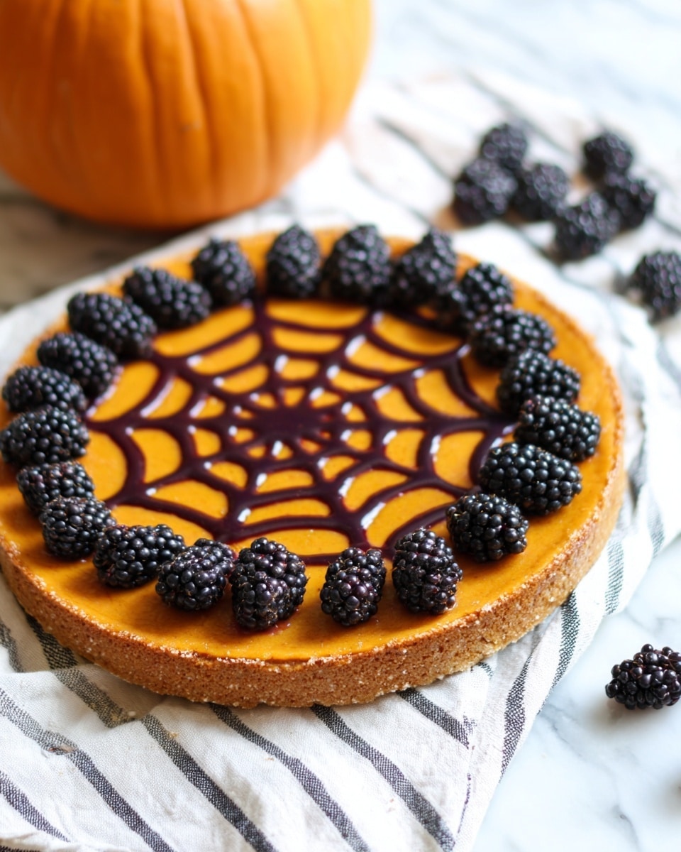 The image shows a round, orange pumpkin pie with a smooth surface and a slightly rough golden crust. On top of the pie, there is a dark purple spider web pattern made with a thick sauce that stretches from the center to the edges in concentric circles. Fresh blackberries are placed evenly on the web, some with a few drips of the same dark sauce, creating the look of spiders. The pie is on a white cloth with thin black stripes, and the background has a large orange pumpkin sitting on a white marbled surface. A few blackberries are scattered around the pie. photo taken with an iphone --ar 4:5 --v 7