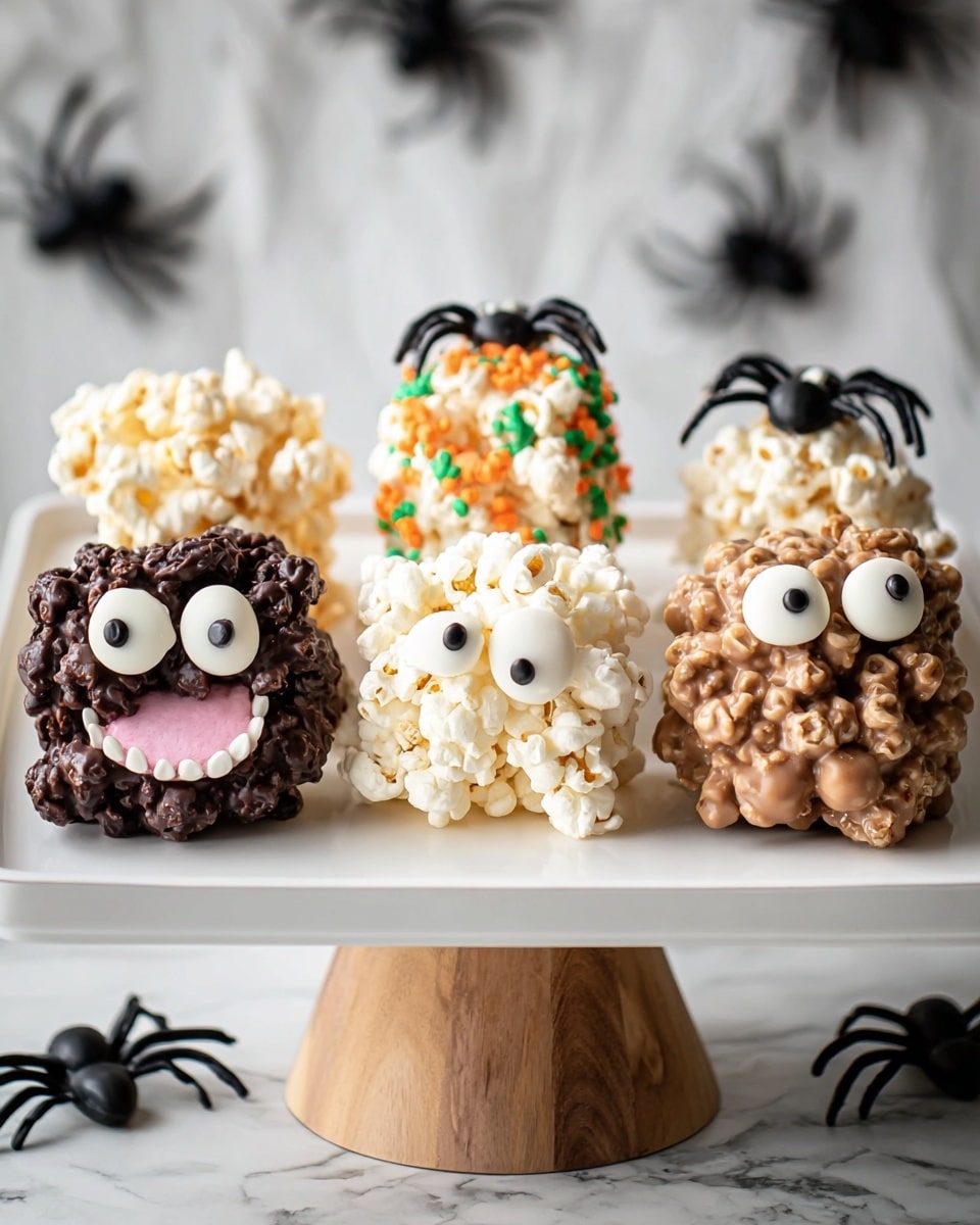 The image shows eleven popcorn clusters on a white marbled surface, decorated like Halloween monsters. The clusters are a mix of white popcorn and popcorn covered in milk chocolate, with some dark chocolate in some. Each cluster has candy eyes placed on top: large white eyes with black pupils. Some have extra decorations like a pink gummy candy for a mouth or colored sprinkles on top. Two black plastic spider toys are on the surface, adding to the Halloween theme. The popcorn clusters vary in texture with bumpy popcorn shapes mixed with smooth chocolate and sprinkles, creating a playful and spooky look. Photo taken with an iphone --ar 4:5 --v 7