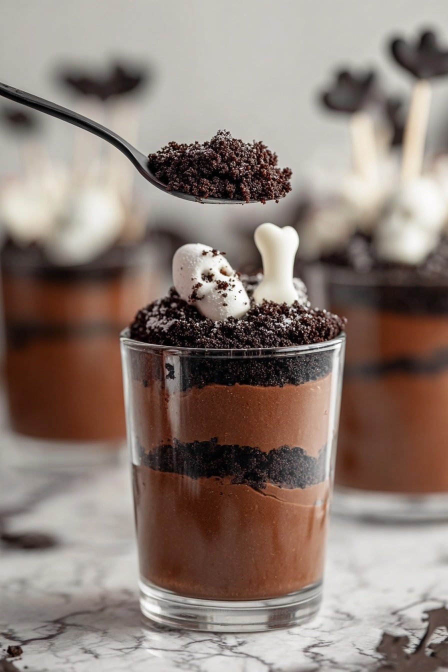 Halloween Graveyard Pudding Cups, Halloween dessert ideas, spooky Halloween treats, Halloween party desserts, no-bake Halloween desserts - The dessert is in a clear glass with four layers starting with dark chocolate mousse at the bottom, followed by a layer of crushed chocolate cookie crumbs in dark brown, then another layer of chocolate mousse, and finally more crushed cookie crumbs on top. On the surface, there is a round white ghost-shaped candy with black eyes and mouth, a light beige cookie shaped like a gravestone with