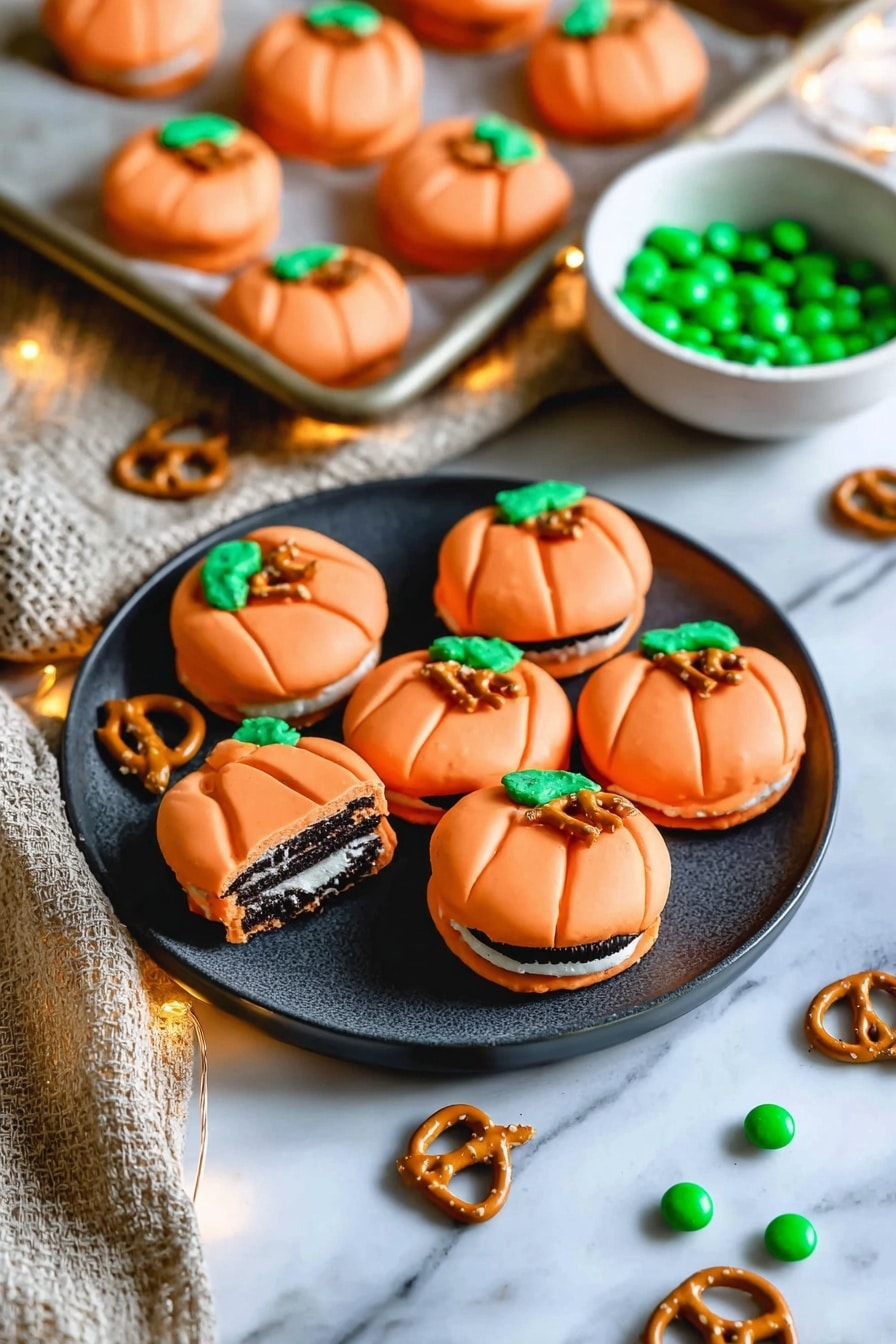 Halloween Pumpkin Cookies, festive Halloween treats, easy pumpkin cookie recipe, fall baking ideas, Halloween dessert recipes - The image shows a group of small pumpkin-shaped treats made by dipping sandwich cookies in smooth orange coating. Each treat has a small brown pretzel piece as a pumpkin stem on top and two green candy pieces as leaves. The pumpkin cookies are arranged on a used baking tray with a few regular sandwich cookies nearby, some with white filling visible. To the right, several pumpkin cookies are placed on a white marbled surface next to a dark grey plate holding more pumpkins. A white bowl containing a few pretzels and green candies sits on the upper left of the tray. The bottom left corner has a textured beige and white cloth. Soft warm string lights add a cozy feel. Photo taken with an iphone --ar 2:3 --v 7