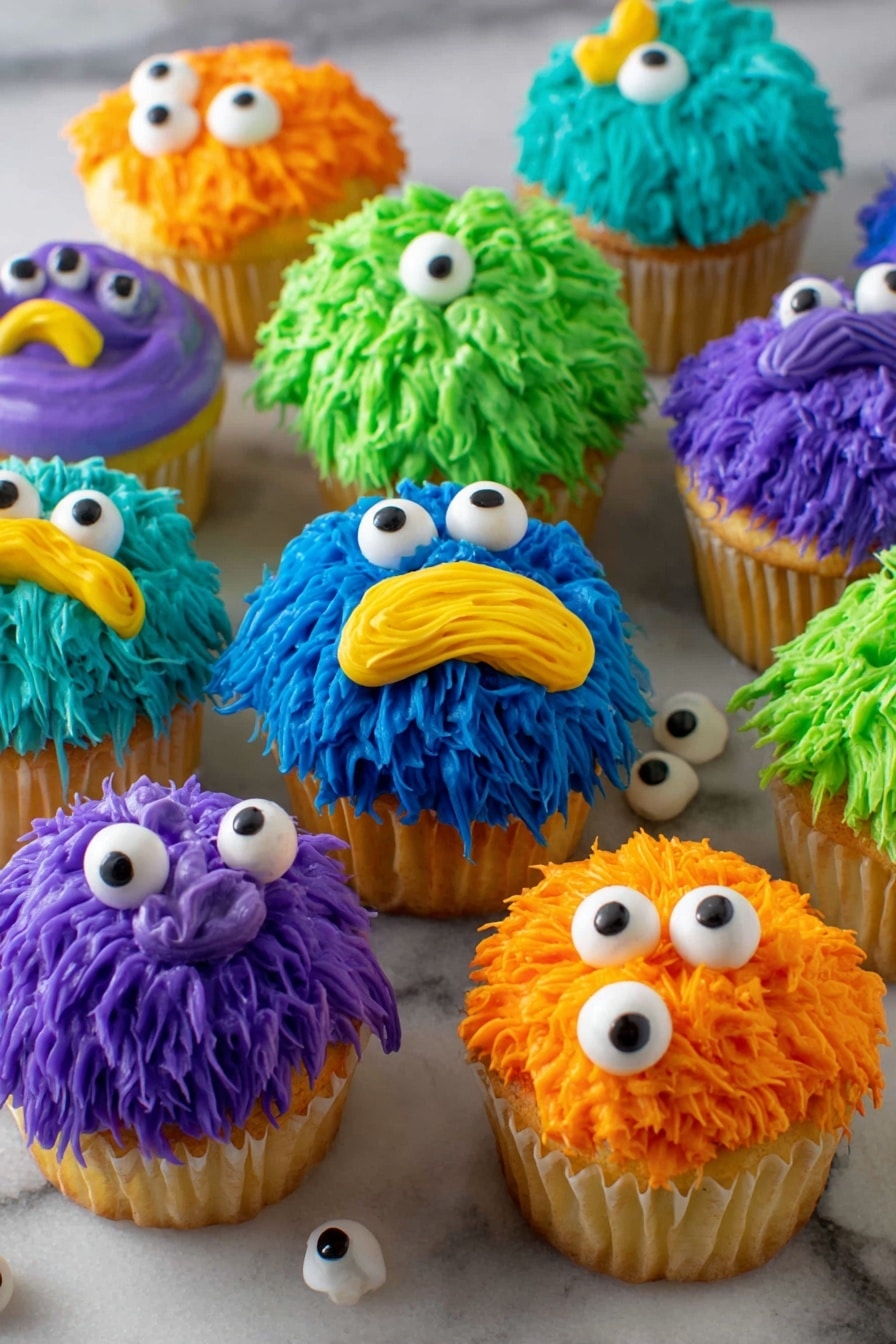 Monster Cupcakes, colorful Halloween cupcakes, fun kids birthday cupcakes, cute spooky cupcake ideas, easy themed cupcake recipes - A group of colorful cupcakes are shown on a white marbled surface. Each cupcake has one main yellow cake layer topped with a thick layer of piped frosting designed to look like funny monsters. The frosting colors include bright purple, blue, green, and orange. The frosting is piped in long wavy clumps that create a fuzzy, textured look. Each cupcake has two small white candy eyes on top, with different yellow frosting shapes below the eyes to form mouths or noses, making each cupcake look like a silly monster face. Several white candy eyes are scattered on the surface around the cupcakes. Photo taken with an iphone --ar 2:3 --v 7