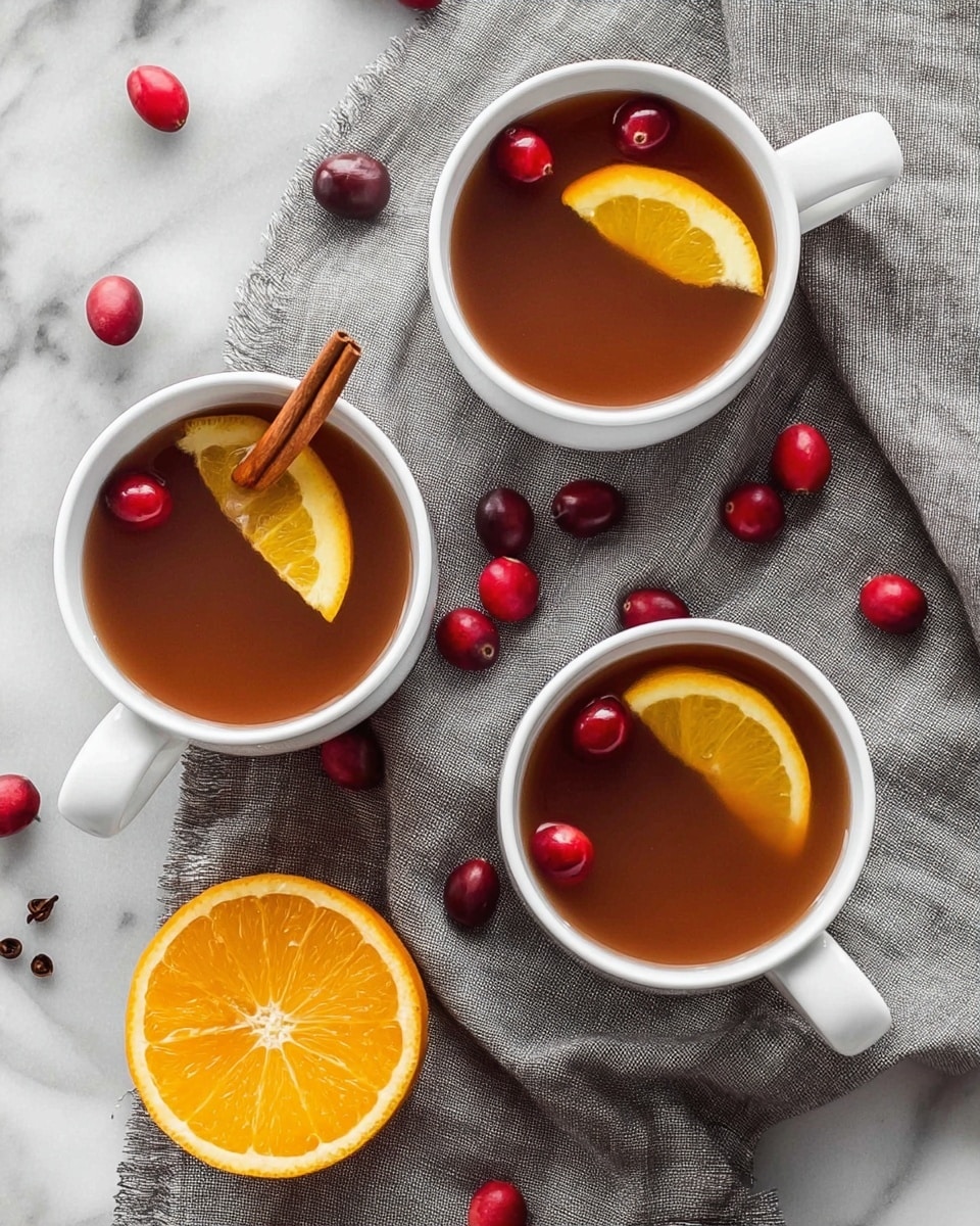 Three white cups filled with brown liquid sit on a white marbled surface partially covered by a gray cloth. Each cup has one orange slice floating on top near the edge; one cup also has a cinnamon stick in the liquid. Around the cups, fresh red cranberries are scattered on the cloth and marble. A half orange is placed on the cloth showing its bright orange interior, and a few cloves lie on the marble near the right side. The overall scene has a cozy feel with warm colors and soft textures. photo taken with an iphone --ar 4:5 --v 7