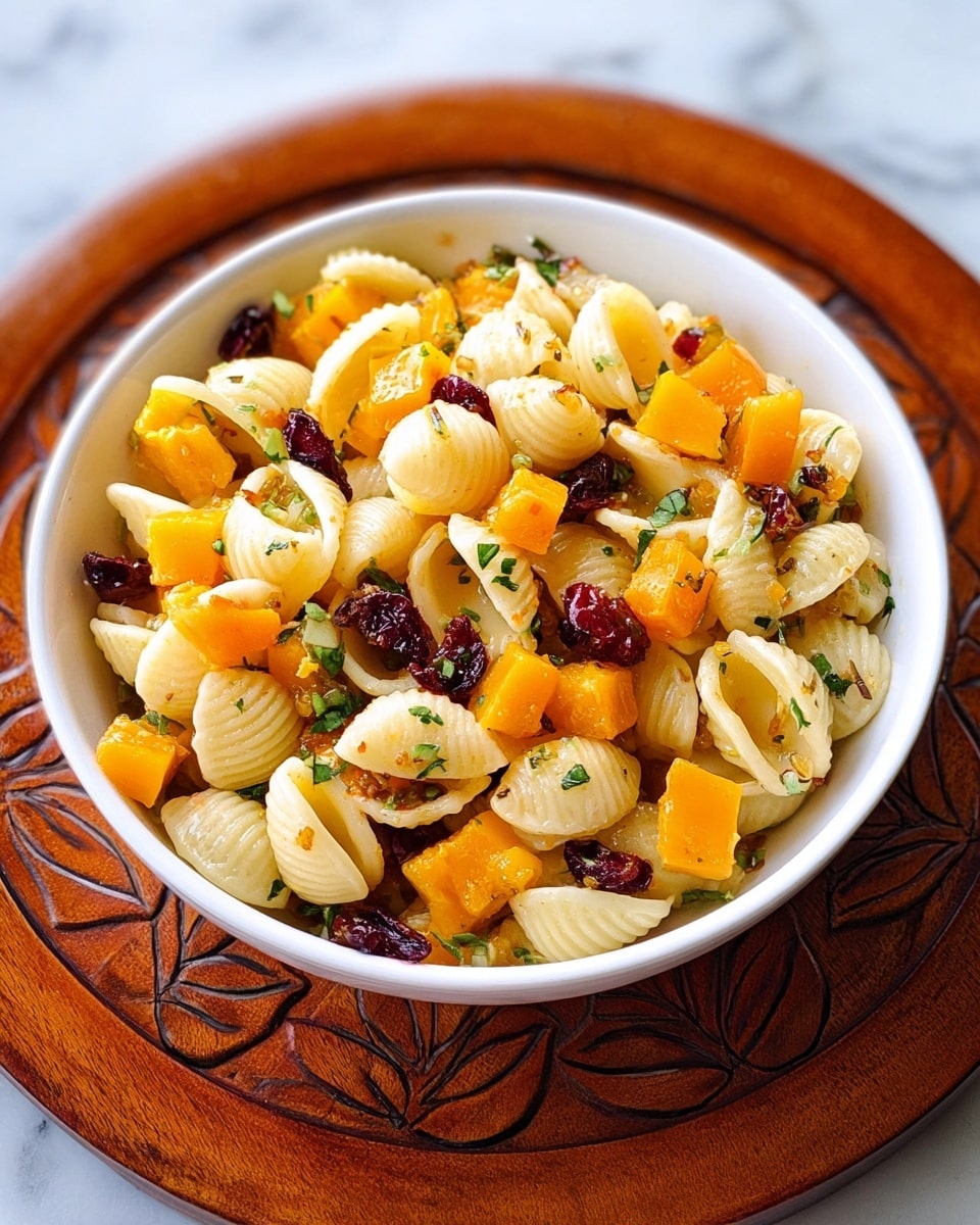 A white bowl filled with a mix of shell pasta, bright orange chunks of butternut squash, dark red dried cranberries, and small green herb pieces. The pasta is pale and smooth, slightly glossy, while the squash pieces are soft and cubed. The cranberries add a deep red contrast, scattered evenly on top and throughout. The bowl sits on a decorative round wooden tray with carved leaf patterns, all placed on a white marbled surface. photo taken with an iphone --ar 4:5 --v 7