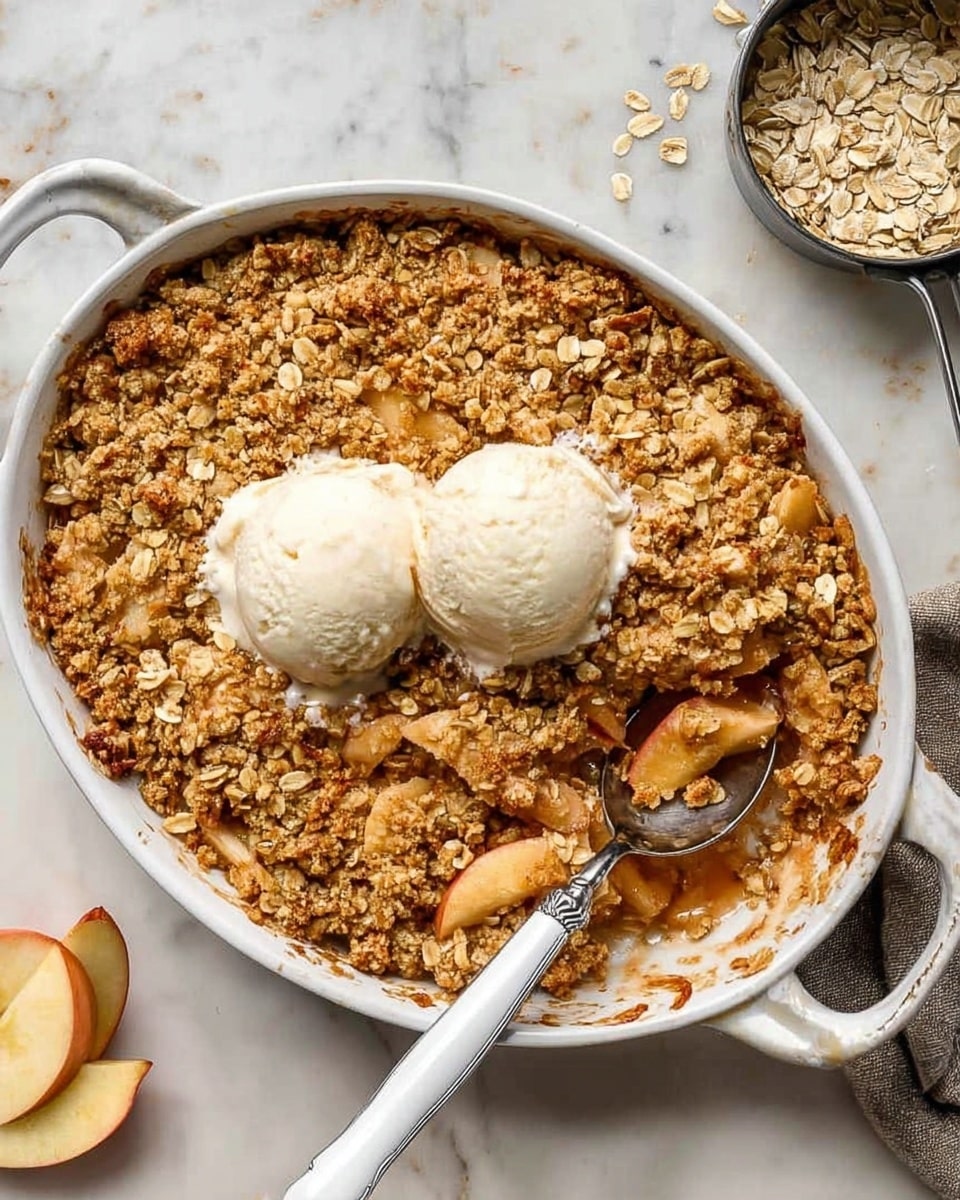 A white bowl filled with a warm apple crumble. The bottom layer shows thick slices of cooked apples with a soft orange-brown color mixed with a sticky sauce. On top is a crumbly oat topping made of light brown oats and soft, golden brown crumbs. A dollop of white cream rests on one side of the bowl. A silver spoon is scooping some crumble from the right side. The whole bowl is placed on a white marbled surface. Photo taken with an iphone --ar 4:5 --v 7