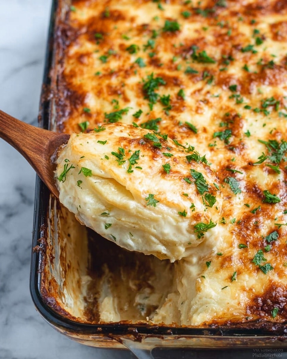 The image shows a glass baking dish filled with a layered dish topped with a thick, golden-brown cheese layer that appears slightly melted and bubbly with some browned spots. Fresh green parsley is sprinkled over the top, adding a fresh pop of color. A wooden spoon lifts a portion from the corner, revealing a creamy, pale filling underneath with a soft, smooth texture. The dish sits on a white marbled surface, and the shine on the glass dish shows some of the creamy sauce at the edges. photo taken with an iphone --ar 4:5 --v 7