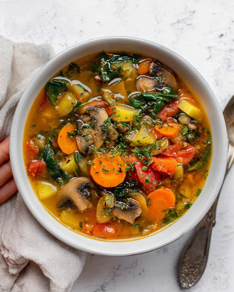 A bowl of vegetable soup filled with one layer of clear golden broth with small bits of chopped herbs floating on top, layered with round orange carrot slices, green celery pieces, dark green leafy spinach, chunks of red tomatoes, thick slices of brown mushrooms, and small yellow cubes of squash or potato, all mixed together and sprinkled with finely chopped green herbs. The soup is served in a white bowl resting on a white marbled surface next to a silver spoon and a light-colored cloth napkin, with a woman's hand slightly touching the bowl edge photo taken with an iphone --ar 4:5 --v 7